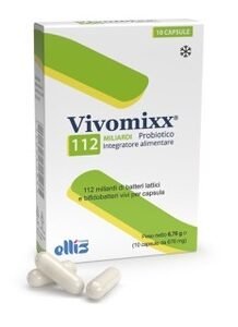Confezione di Vivomixx 112 Miliardi 10 capsule con fermenti lattici e bifidobatteri vivi.