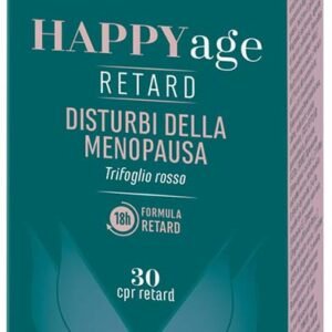 Confezione di Happy Age Retard Erba Vita a base di Trifoglio rosso, Cimicifuga, Dioscorea e vitamina D3.