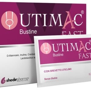 Confezione di Utimac Fast 14 bustine a base di D-mannosio, cranberry, uva ursina e vitamina C.