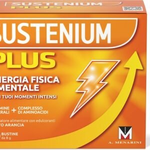Confezione di Sustenium Plus Arancia 20 bustine, integratore energizzante con creatina, aminoacidi, vitamine e minerali