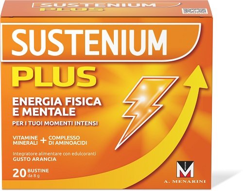 Confezione di Sustenium Plus Arancia 20 bustine, integratore energizzante con creatina, aminoacidi, vitamine e minerali