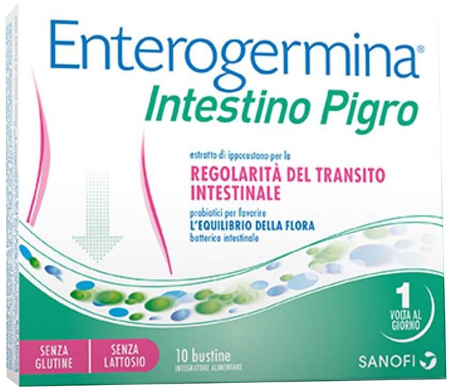 Astuccio di Enterogermina Intestino Pigro 20 bustine con ippocastano, ibisco, psillio e opuntia.