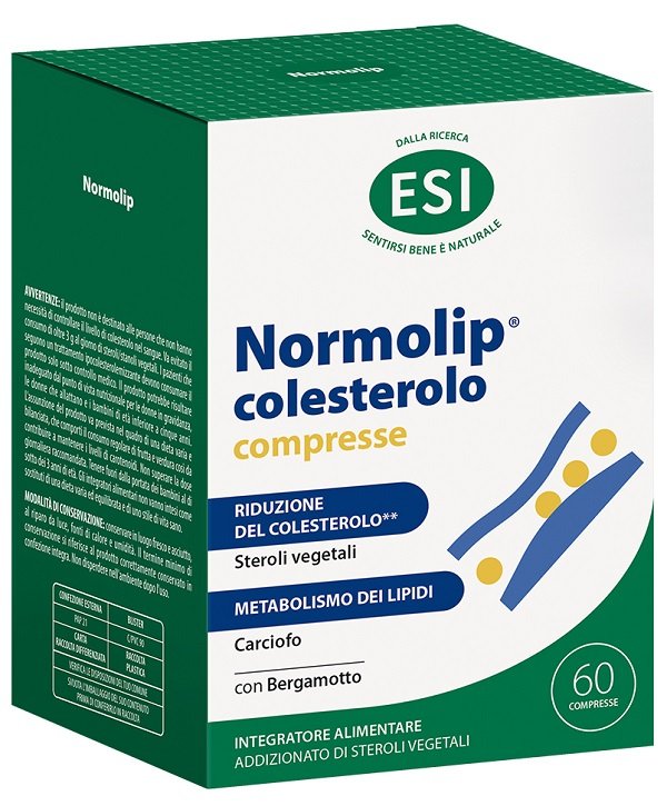 Astuccio di ESI Normolip Colesterolo 60 compresse con steroli vegetali, bergamotto e carciofo.