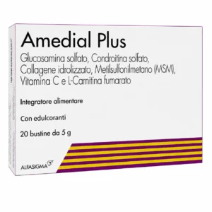 Amedial Plus 20 bustine Alfasigma, integratore con glucosamina, condroitina, MSM e collagene per le articolazioni.