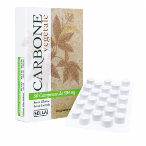 Carbone Vegetale 50 compresse, integratore di carbone attivo vegetale contro l'eccessiva flatulenza post-prandiale e il gonfiore.
