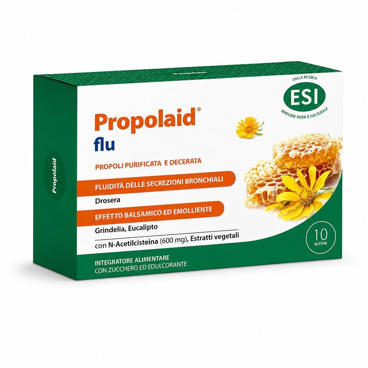 Confezione di ESI Propolaid Flu 10 bustine a base di N-acetilcisteina, propoli, grindelia e oli essenziali di menta ed eucalipto