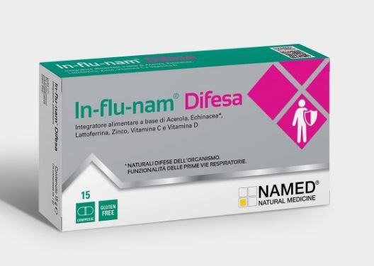 Confezione di Influnam Difesa Named a base di acerola, echinacea, lattoferrina, zinco, vitamina C e vitamina D