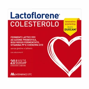 Lactoflorene Colesterolo, 20 bustine DuoCam con riso rosso fermentato e fermenti lattici per il colesterolo.