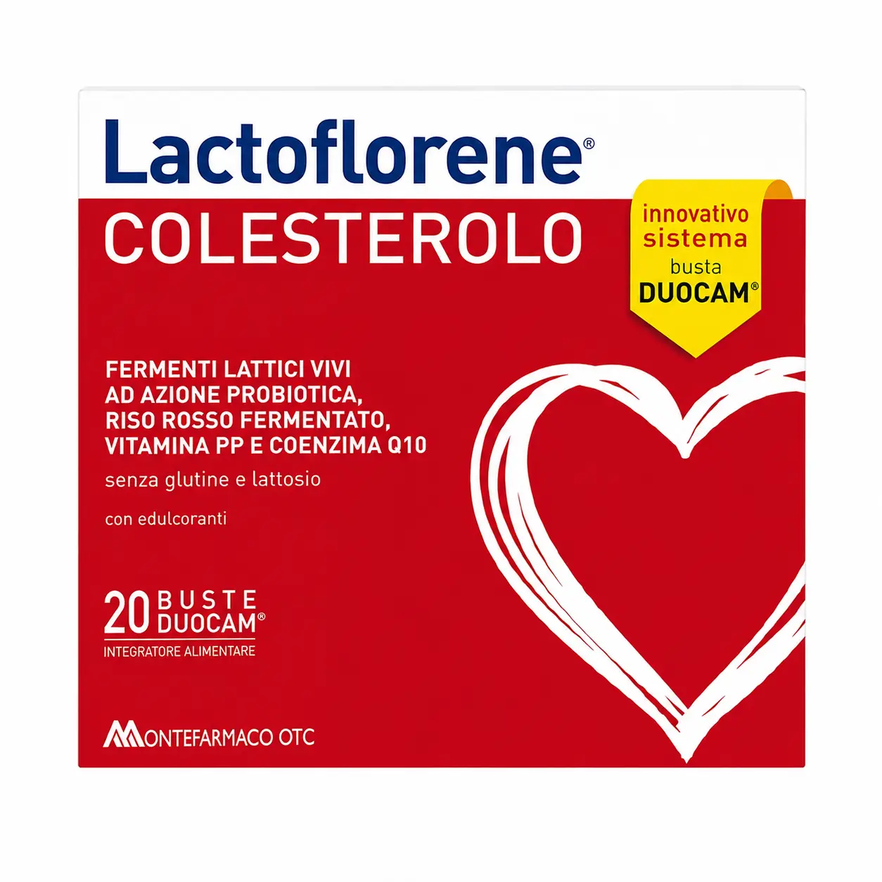 Lactoflorene Colesterolo, 20 bustine DuoCam con riso rosso fermentato e fermenti lattici per il colesterolo.