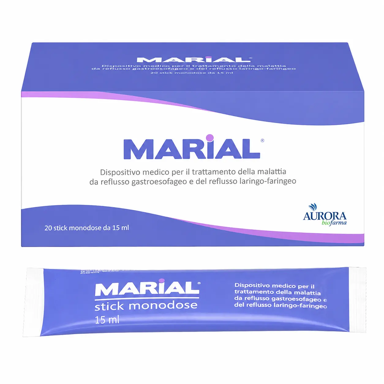 Marial 20 Oral Stick 15 ml, dispositivo medico Aurora Biofarma contro reflusso gastroesofageo e acidità di stomaco.