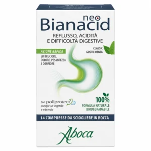 NeoBianacid Acidità e Reflusso, flacone da 14 compresse masticabili Aboca contro bruciore e reflusso gastro-esofageo.
