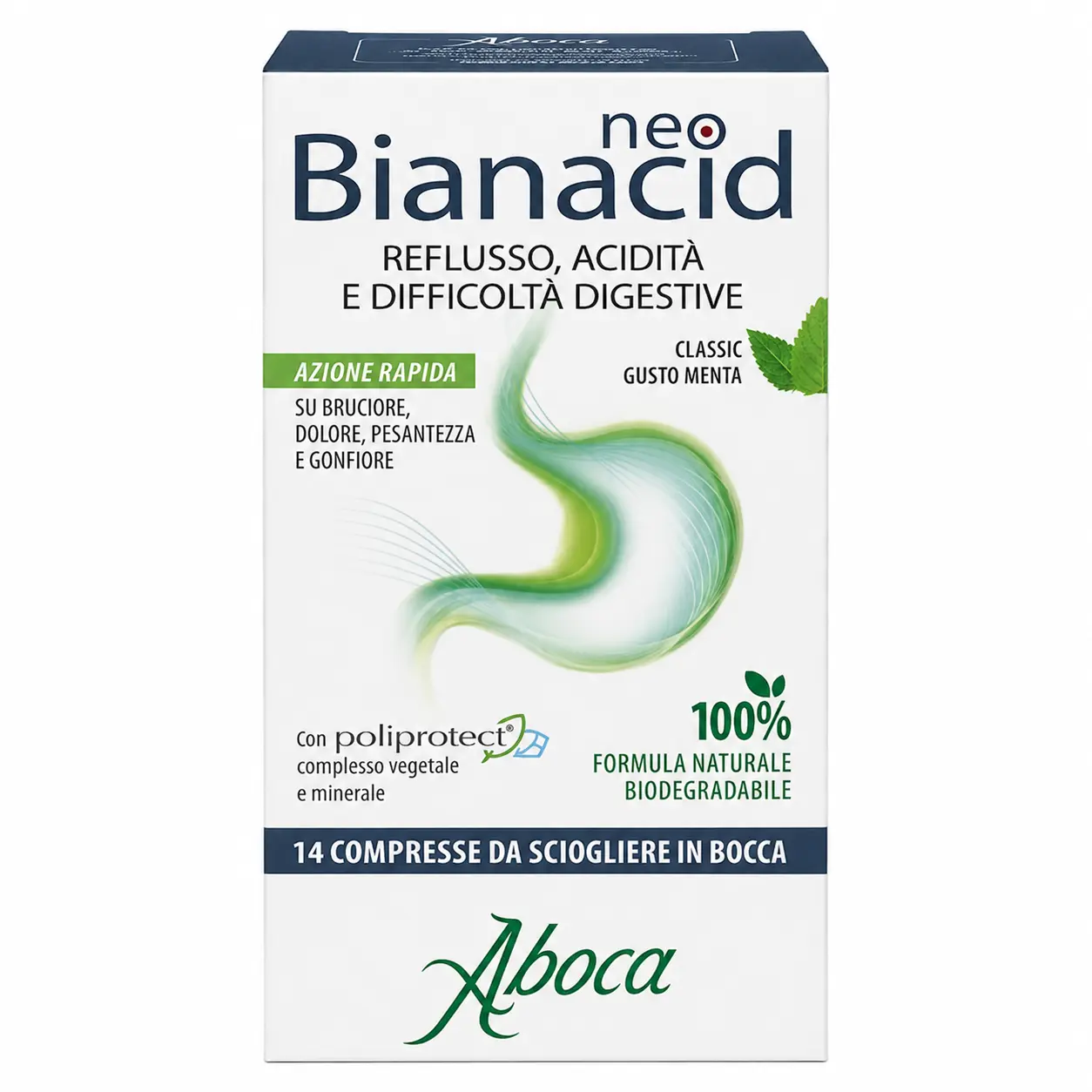 NeoBianacid Acidità e Reflusso, flacone da 14 compresse masticabili Aboca contro bruciore e reflusso gastro-esofageo.