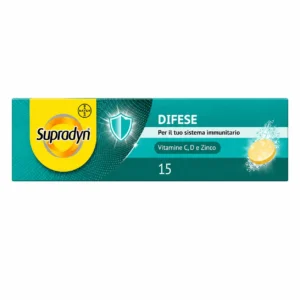 Supradyn Difese 15 compresse effervescenti Bayer, integratore con vitamina C, vitamina D e zinco per il sistema immunitario.