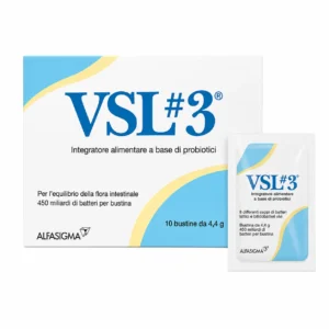 VSL#3 10 bustine, integratore di fermenti lattici vivi con 8 ceppi probiotici per l'equilibrio della flora intestinale.