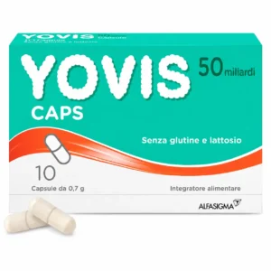Yovis caps 10 capsule Alfasigma, integratore di fermenti lattici vivi e probiotici per l'equilibrio della flora intestinale.