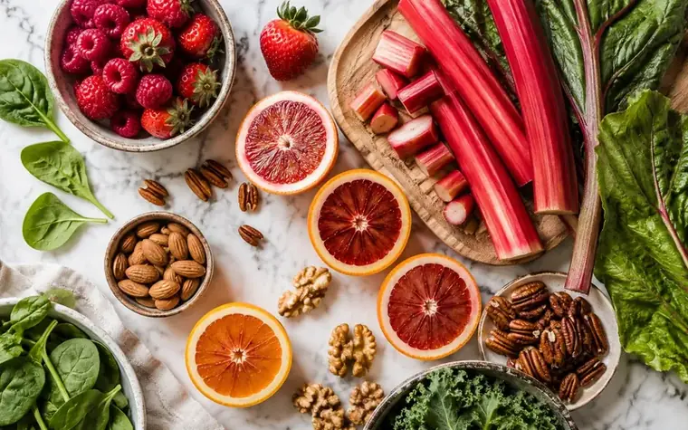 Alimenti freschi: frutta, frutta secca e verdure su marmo chiaro