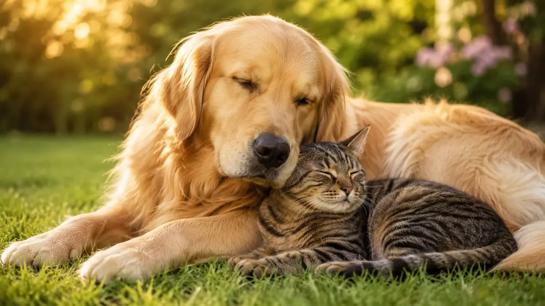 Cane golden retriever e gatto che riposano insieme sull erba