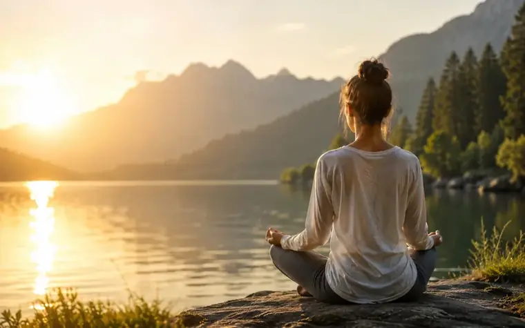 Persona in meditazione al lago al tramonto