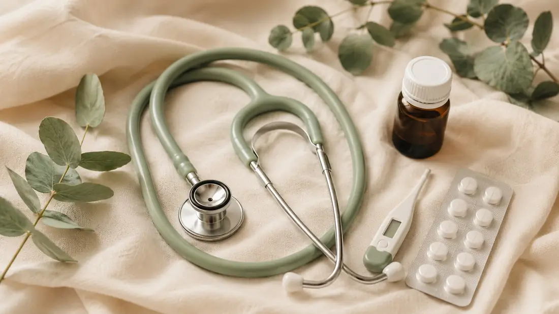Stetoscopio, termometro e medicinali su tessuto chiaro