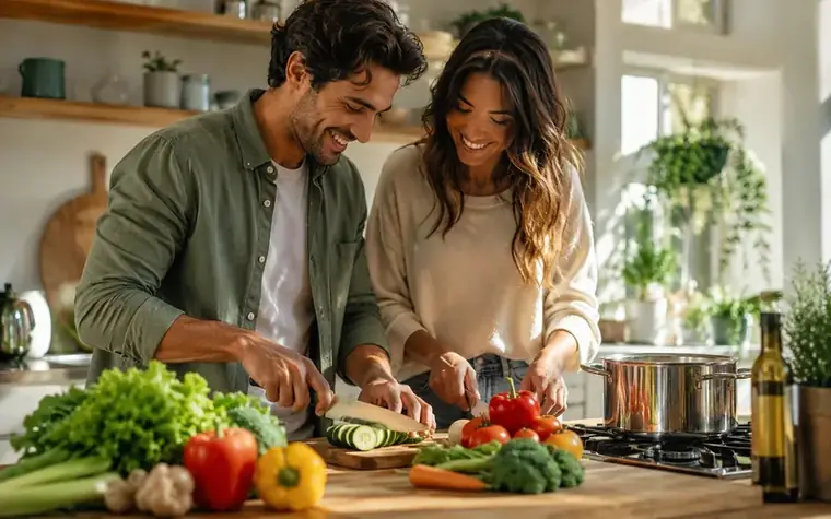 Coppia che cucina insieme verdure fresche in cucina luminosa
