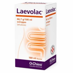 Flacone di Laevolac Sciroppo 66,7% da 180 ml a base di lattulosio con bicchiere dosatore