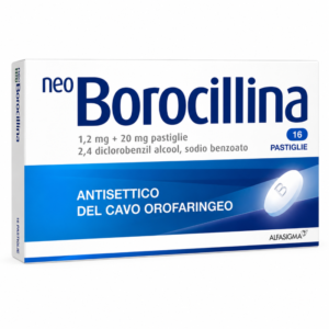 Neoborocillina 16 pastiglie, antisettico del cavo orofaringeo con 2,4-diclorobenzil alcool e sodio benzoato