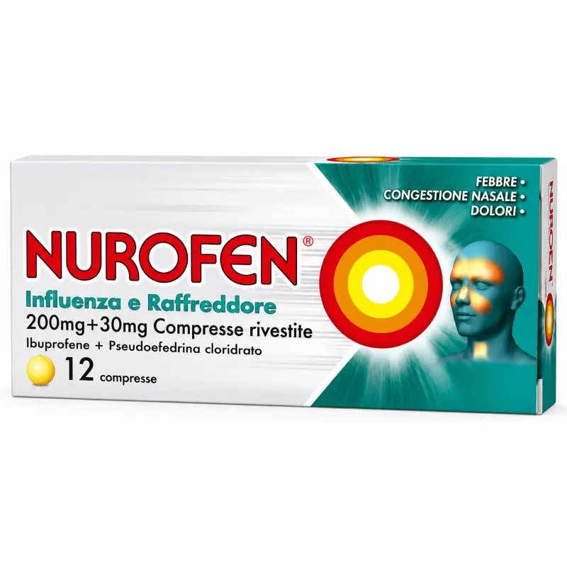 Astuccio di Nurofen Influenza e Raffreddore 12 compresse rivestite con ibuprofene e pseudoefedrina