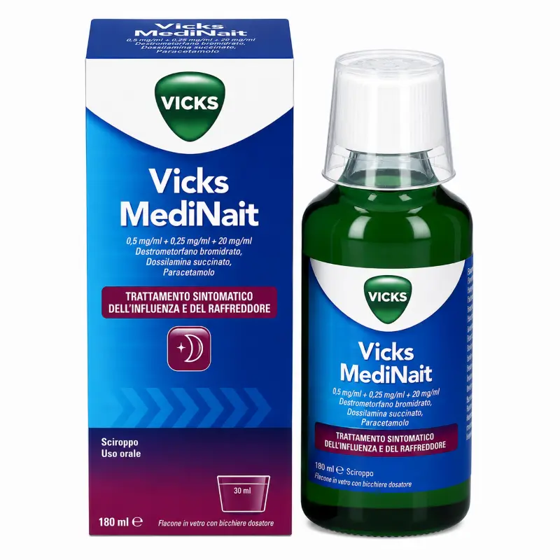 Vicks MediNait Sciroppo 180 ml, flacone in vetro con bicchierino dosatore