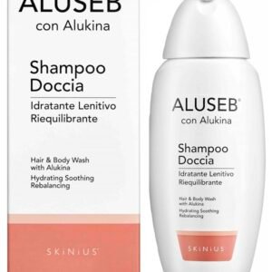Flacone di Aluseb Shampoo Doccia 125 ml Skinius con complesso Alukina.