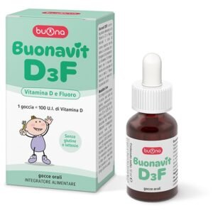 Flacone di Buonavit D3F gocce 12 ml, integratore Buona di vitamina D3 e fluoro con contagocce.
