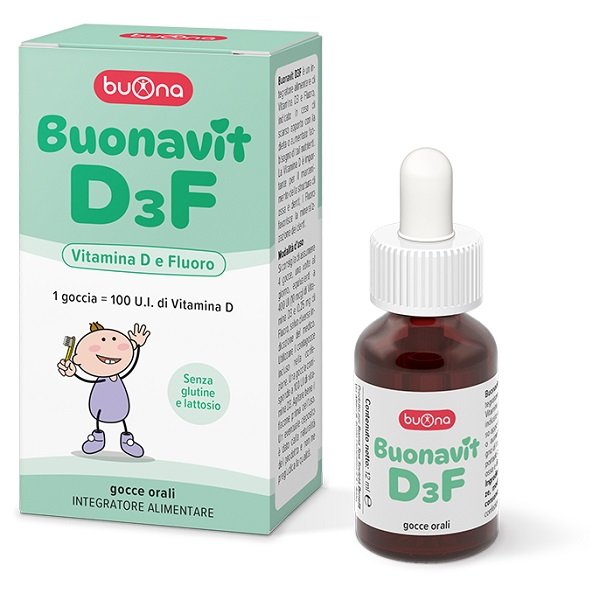 Flacone di Buonavit D3F gocce 12 ml, integratore Buona di vitamina D3 e fluoro con contagocce.