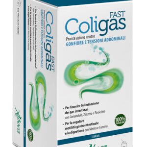Confezione di ColiGas Fast Tisana 20 bustine Aboca, integratore per il gonfiore addominale.