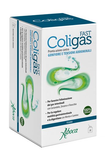 Confezione di ColiGas Fast Tisana 20 bustine Aboca, integratore per il gonfiore addominale.