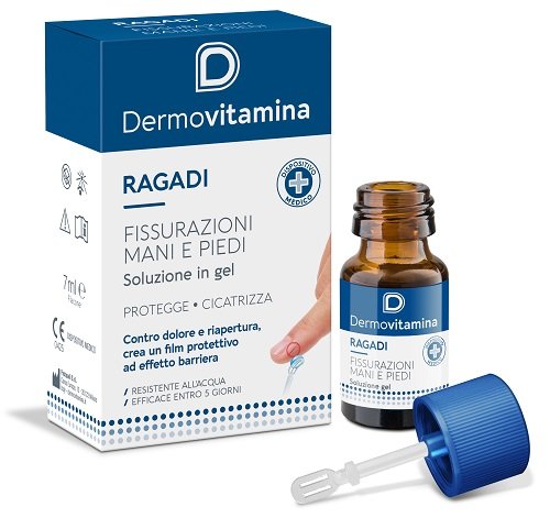 Dermovitamina Ragadi Gel Mani e Piedi 7 ml, flacone con spatola applicatrice.