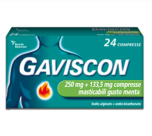 Confezione di Gaviscon Menta 250 mg + 133,5 mg da 24 compresse masticabili