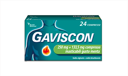 Confezione di Gaviscon Menta 250 mg + 133,5 mg da 24 compresse masticabili