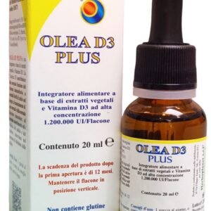 Flacone di Olea D3 Plus Herboplanet da 20 ml, vitamina D3 in gocce su olio extravergine di oliva.