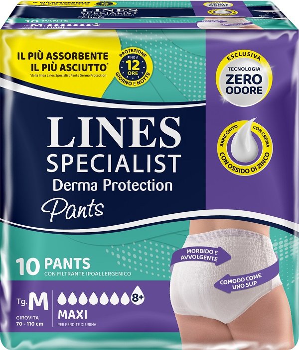 Confezione da 10 pezzi di Lines Specialist Dermo Pants Maxi taglia M, mutandina assorbente unisex.