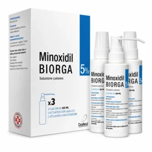 Confezione Minoxidil Biorga 5% soluzione cutanea, 3 flaconi da 60 ml, medicinale minoxidil