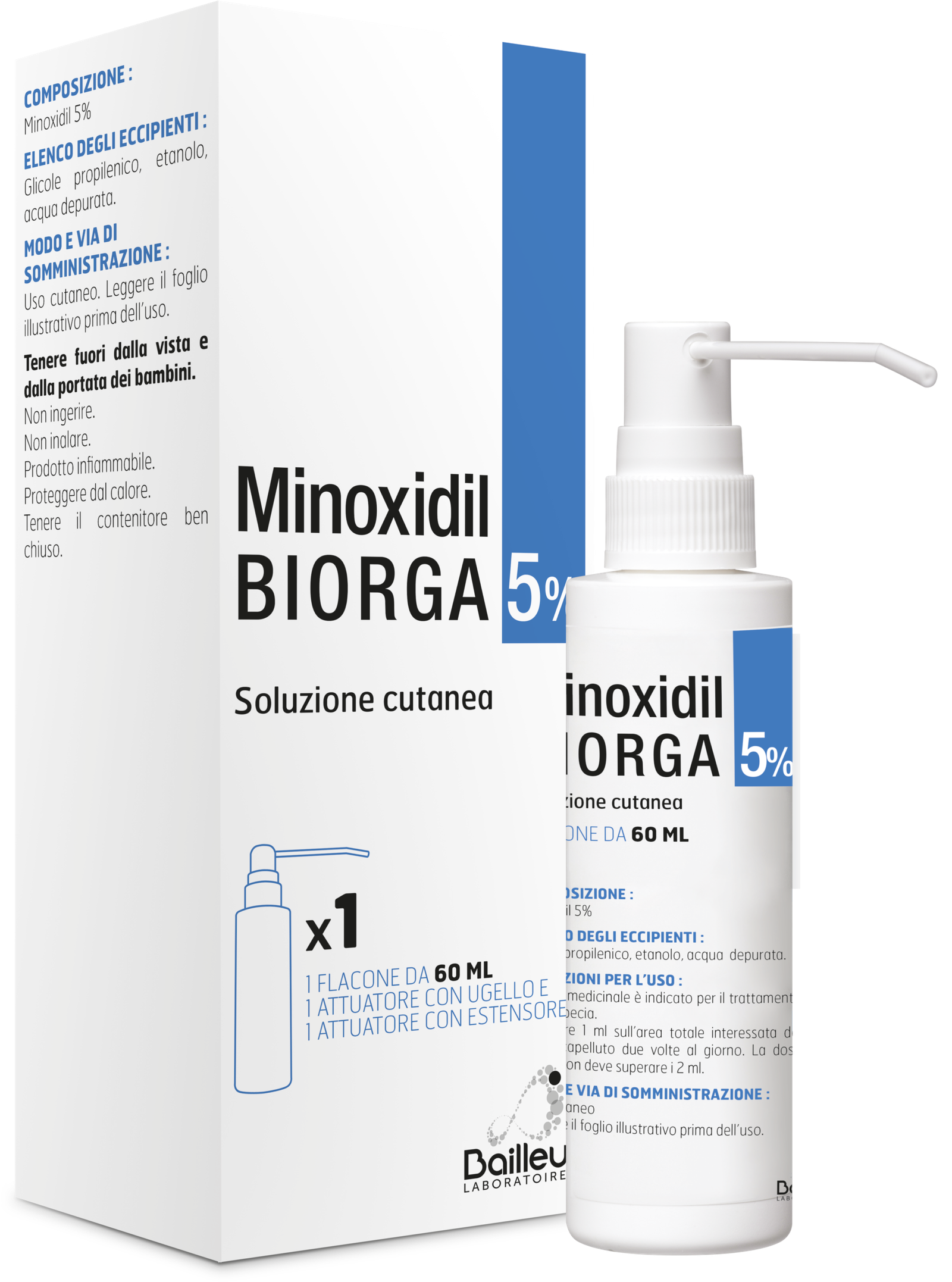 Confezione di Minoxidil Biorga Soluzione Cutanea 5% 60 ml, medicinale da banco
