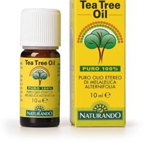 Flaconcino da 10 ml di Naturando Tea Tree Oil, olio essenziale puro di Melaleuca alternifolia.
