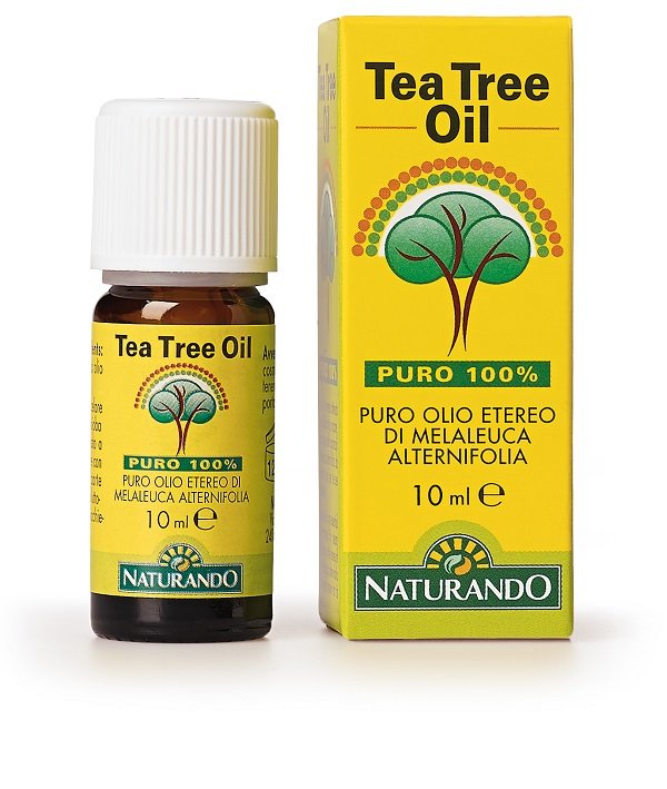 Flaconcino da 10 ml di Naturando Tea Tree Oil, olio essenziale puro di Melaleuca alternifolia.