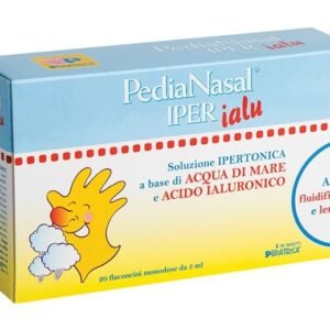 Astuccio di Pedianasal Iper Ialu Pediatrica con 20 flaconcini monodose da 5 ml per lavaggi nasali.