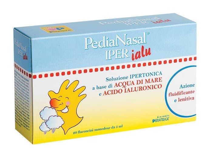 Astuccio di Pedianasal Iper Ialu Pediatrica con 20 flaconcini monodose da 5 ml per lavaggi nasali.