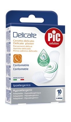 Confezione di PIC Cerotto Delicate 25x72 da 10 pezzi, cerotti grandi in tessuto non tessuto.