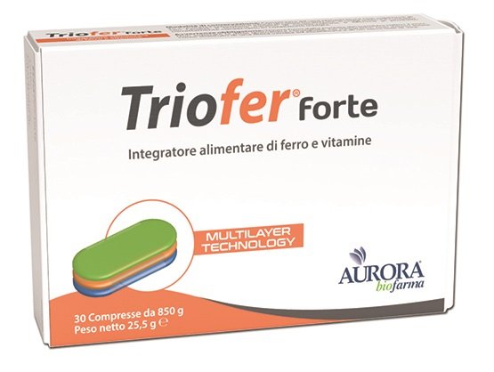 Astuccio di Triofer Forte 30 compresse, integratore di ferro con vitamina C e acido folico di Aurora Biofarma