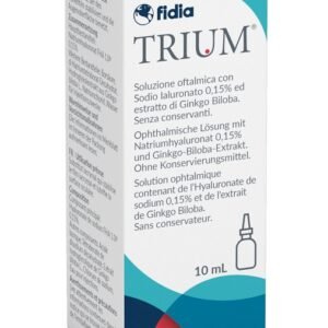 Flacone di Trium Gocce Oculari 10 ml, sostituto lacrimale senza conservanti.