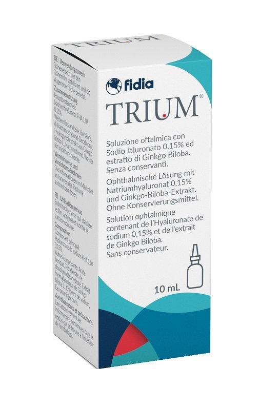 Flacone di Trium Gocce Oculari 10 ml, sostituto lacrimale senza conservanti.