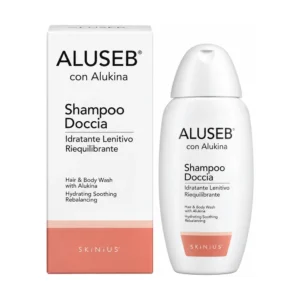 Flacone di Aluseb Shampoo Doccia 125 ml Skinius con complesso Alukina.