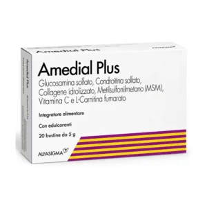 Amedial Plus Alfasigma, astuccio da 20 bustine con MSM, glucosamina, condroitina e collagene tipo II.